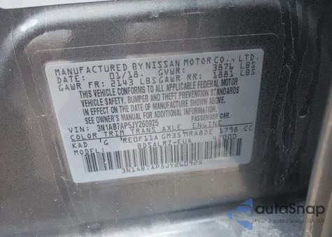 2018 Nissan Sentra Sr из США, поврежденный, VIN 3N1AB7AP5JY260925